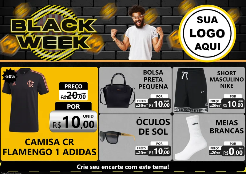 Modelo de Encarte para Encarte A4 Horizontal com o tema Black Week para Roupas e acessórios