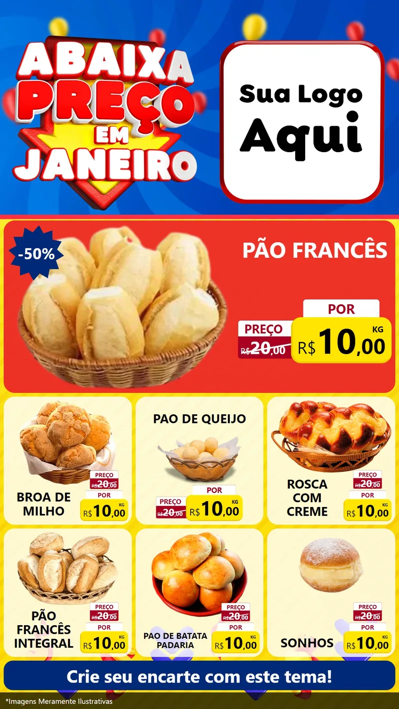 Modelo de Rede Social para Stories com o tema Abaixa Preço em Janeiro para Padaria