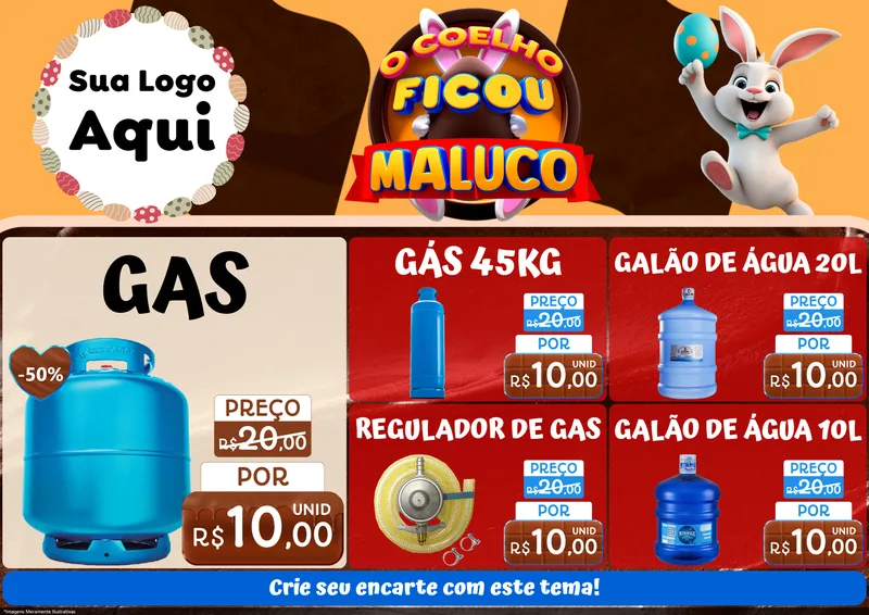 Modelo de Encarte para Encarte A4 Horizontal com o tema O Coelho Ficou Maluco - Páscoa para Água e gás