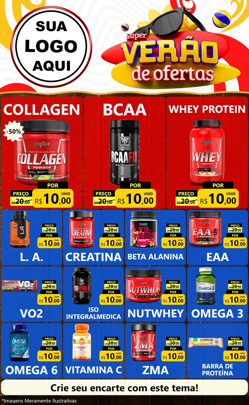 Modelo de Encarte para Encarte Grande com o tema Super Verão de Ofertas para Suplementos alimentares