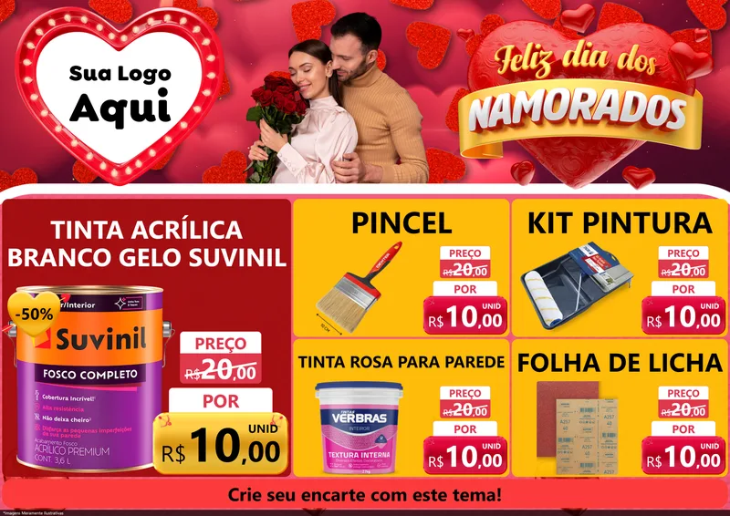 Modelo de Encarte para Encarte A4 Horizontal com o tema Feliz Dia Dos Namorados para Tintas e Ferramentas