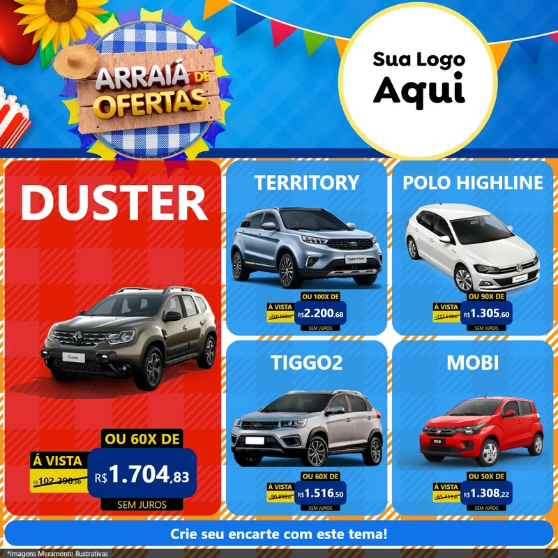 Modelo de Rede Social para Feed Facebook com o tema Arraiá de Ofertas para Concessionaria de Carros