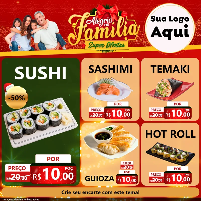 Modelo de Rede Social para Feed Facebook com o tema Alegria em Família Super Ofertas - Natal para Comida japonesa