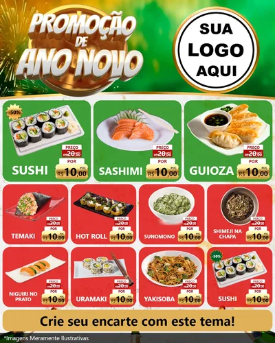 Modelo de Rede Social para Feed Instagram com o tema Promoção de Ano Novo para Comida japonesa