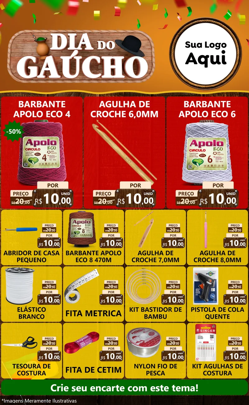 Modelo de Encarte para Encarte Grande com o tema Dia do Gaúcho para Armarinho e Aviamentos