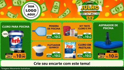 Modelo de TV para TV Horizontal com o tema Comece Julho Economizando para Produtos para Piscina