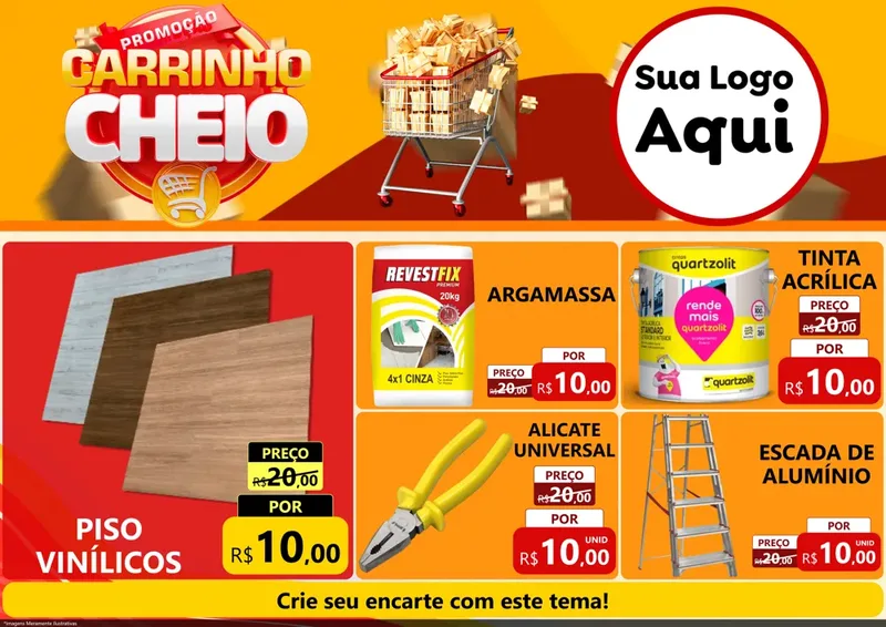 Modelo de Encarte para Encarte A4 Horizontal com o tema Promoção carrinho cheio para Material para Construção