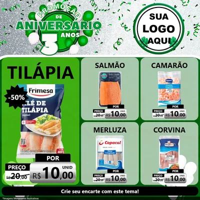 Modelo de Rede Social para Feed Facebook com o tema Promoção de Aniversário - 3 Anos para Peixaria