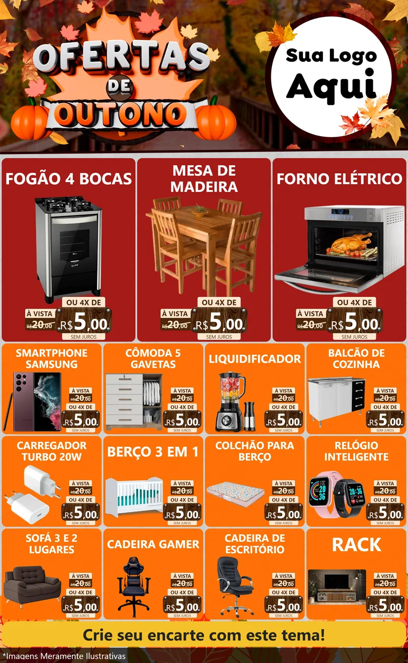 Modelo de Encarte para Encarte Grande com o tema Ofertas de Outono para Móveis e Eletro