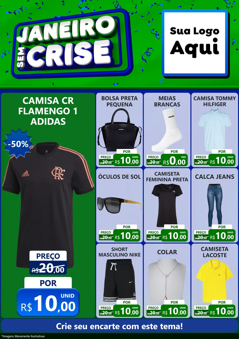 Modelo de Encarte para Encarte A4 Vertical com o tema Janeiro Sem Crise para Roupas e acessórios