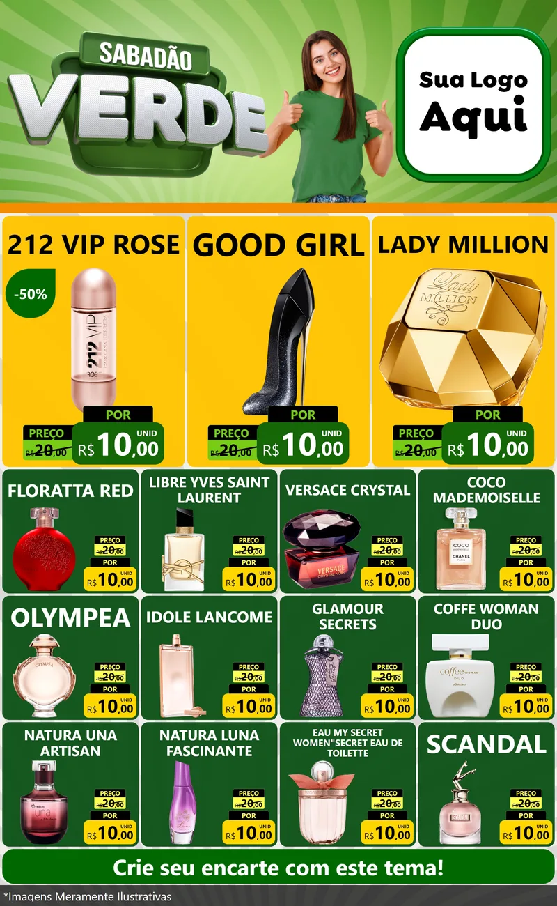 Modelo de Encarte para Encarte Grande com o tema Sabadão Verde para Perfumes