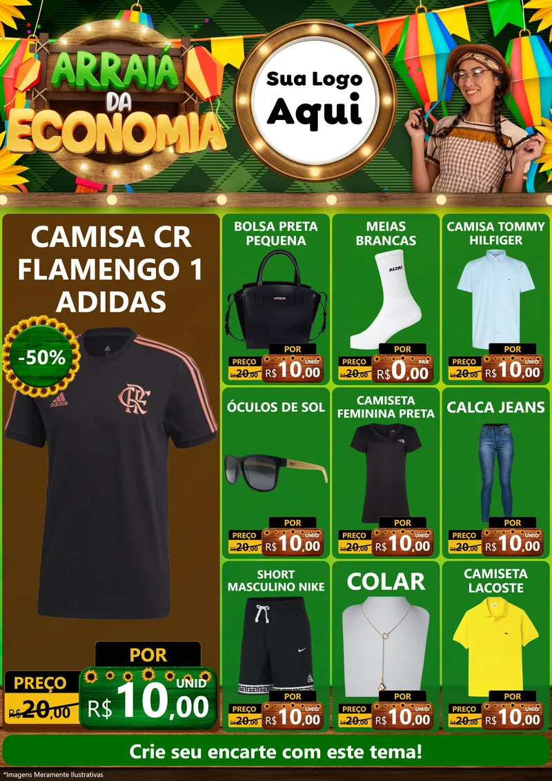 Modelo de Encarte para Encarte A4 Vertical com o tema Arraiá de Economia para Roupas e acessórios