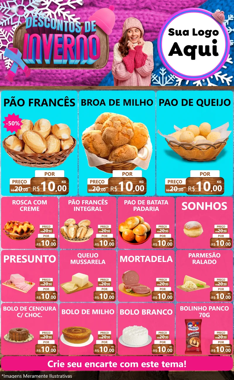 Modelo de Encarte para Encarte Grande com o tema Descontos de Inverno para Padaria