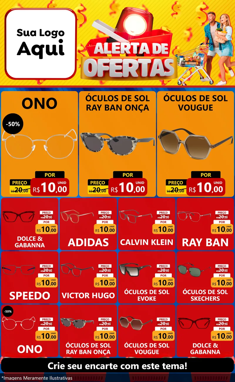 Modelo de Encarte para Encarte Grande com o tema Alerta de Ofertas para Óticas