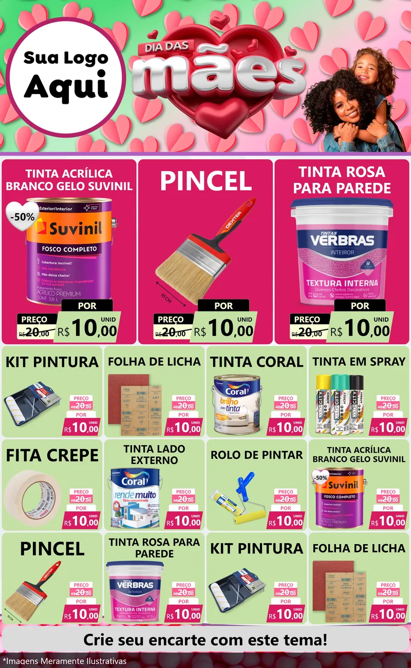 Modelo de Encarte para Encarte Grande com o tema Dia das Mães para Tintas e Ferramentas