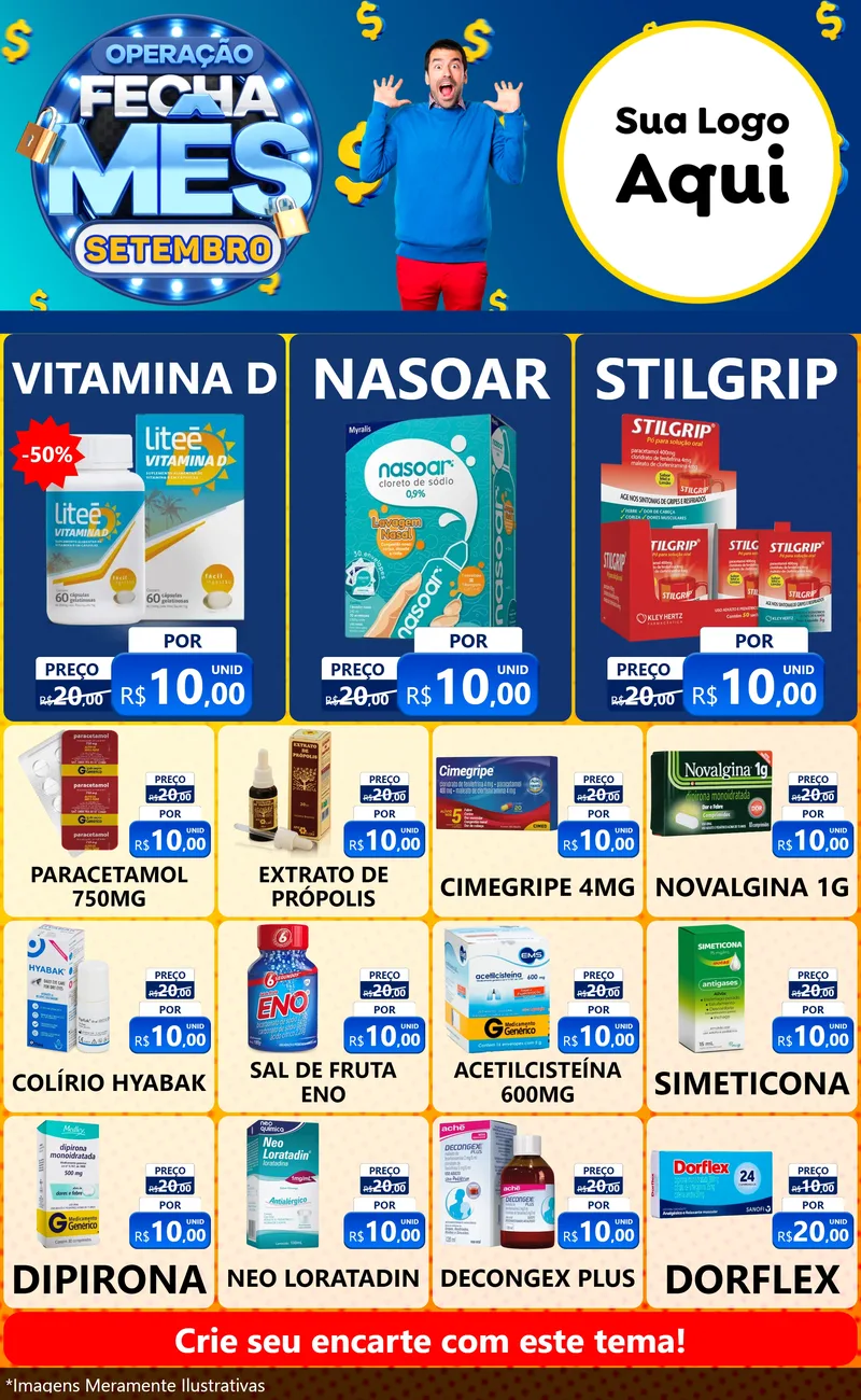 Modelo de Encarte para Encarte Grande com o tema Operação Fecha Mês Setembro para Farmácia