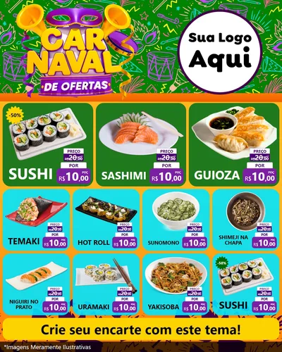 Modelo de Rede Social para Feed Instagram com o tema Carnaval de Ofertas para Comida japonesa