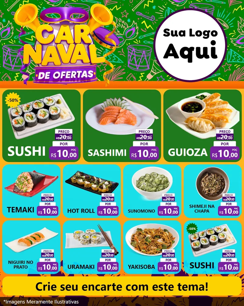 Modelo de Rede Social para Feed Instagram com o tema Carnaval de Ofertas para Comida japonesa