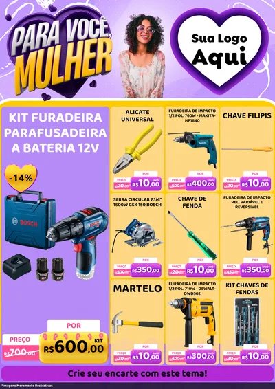Modelo de Encarte para Encarte A4 Vertical com o tema Para Você, Mulher para Maquinas e Ferramentas