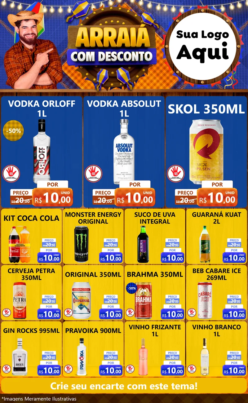 Modelo de Encarte para Encarte Grande com o tema Arraiá Com Desconto para Distribuidora de bebidas