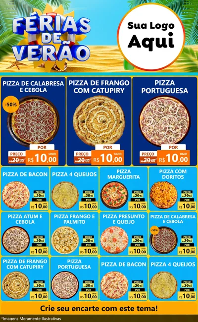 Modelo de Encarte para Encarte Grande com o tema Férias de Verão para Pizzaria