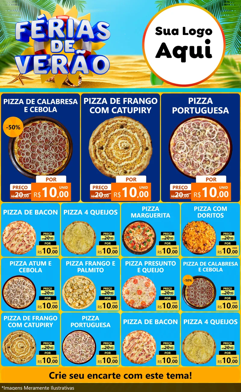 Modelo de Encarte para Encarte Grande com o tema Férias de Verão para Pizzaria