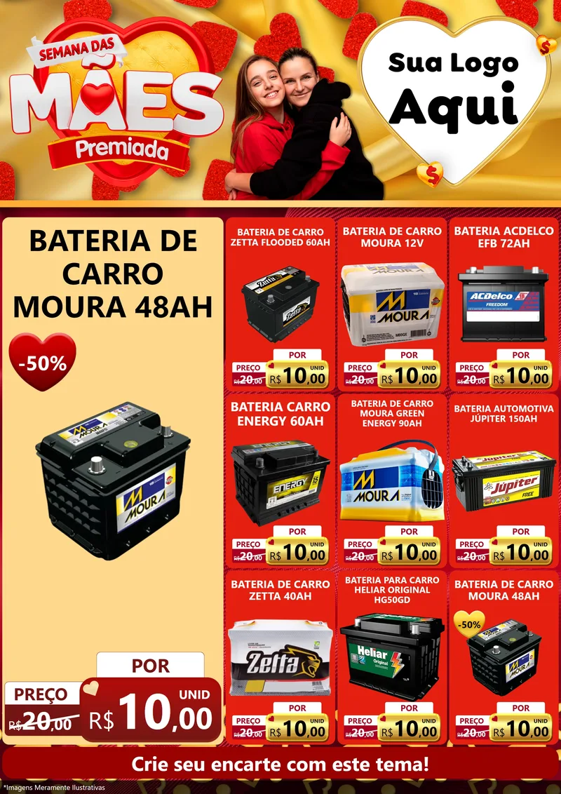 Modelo de Encarte para Encarte A4 Vertical com o tema Semana das Mães Premiada para Baterias Elétricas