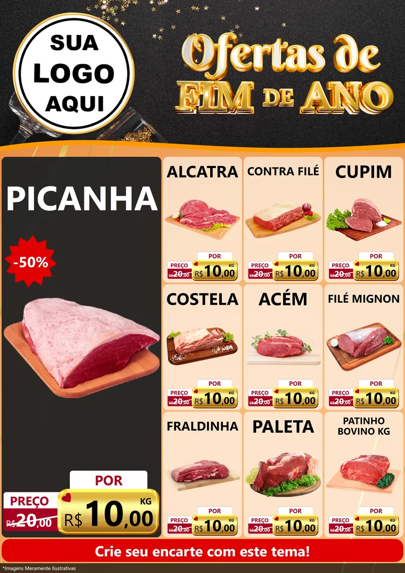 Modelo de Encarte para Encarte A4 Vertical com o tema Ofertas de Fim de Ano para Açougue