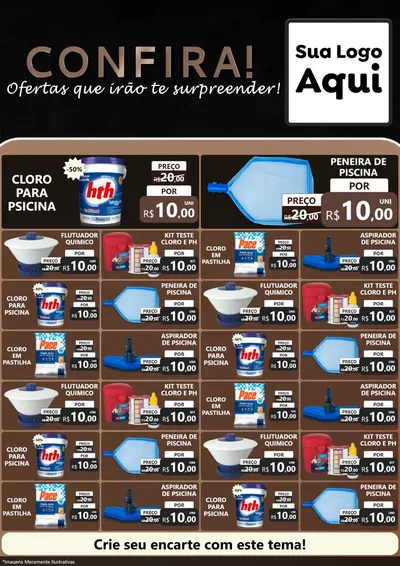Modelo de Encarte para Encarte A4 Vertical com o tema Confira! Ofertas que irão te surpreender! para Produtos para Piscina