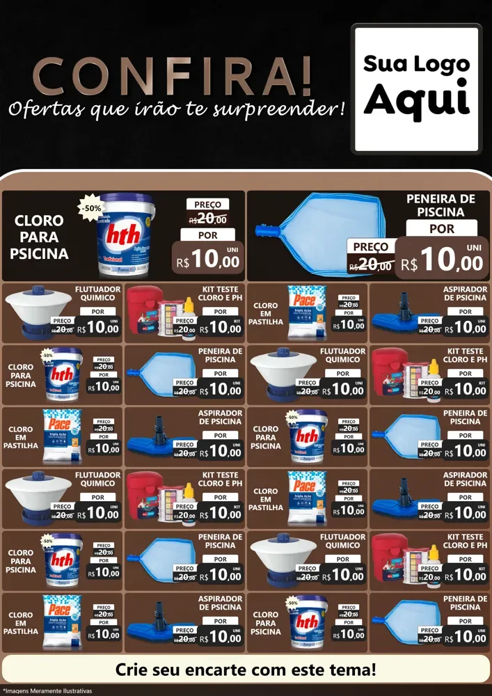 Modelo de Encarte para Encarte A4 Vertical com o tema Confira! Ofertas que irão te surpreender! para Produtos para Piscina