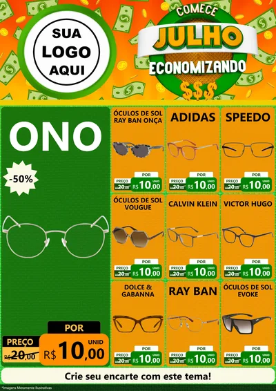 Modelo de Encarte para Encarte A4 Vertical com o tema Comece Julho Economizando para Óticas