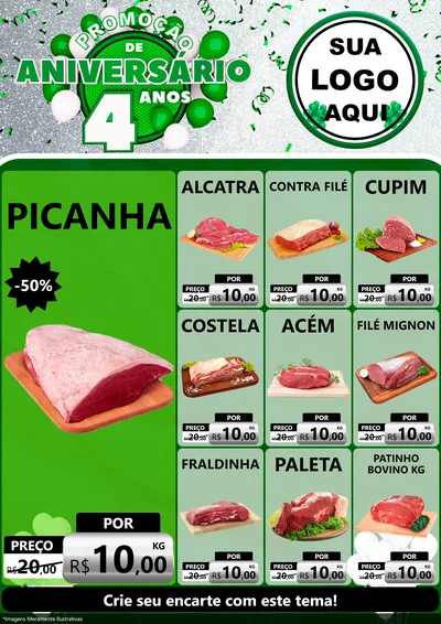 Modelo de Encarte para Encarte A4 Vertical com o tema Promoção de Aniversário - 4 Anos para Açougue