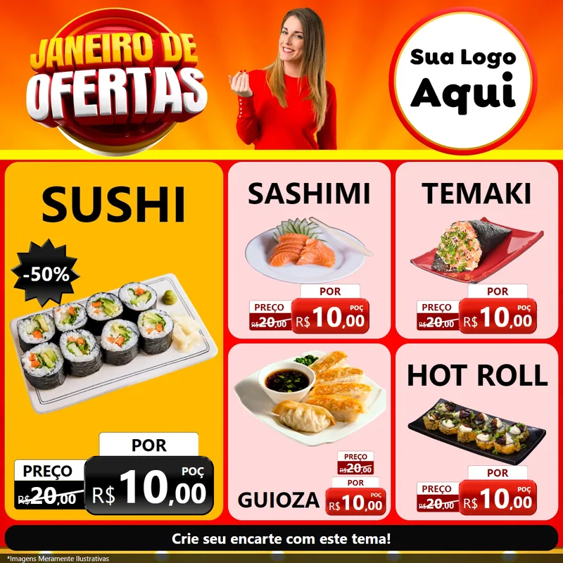 Modelo de Rede Social para Feed Facebook com o tema Janeiro de Ofertas para Comida japonesa