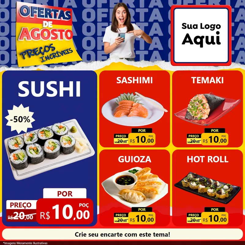 Modelo de Rede Social para Feed Facebook com o tema Ofertas de Agosto - Preços Incríveis para Comida japonesa