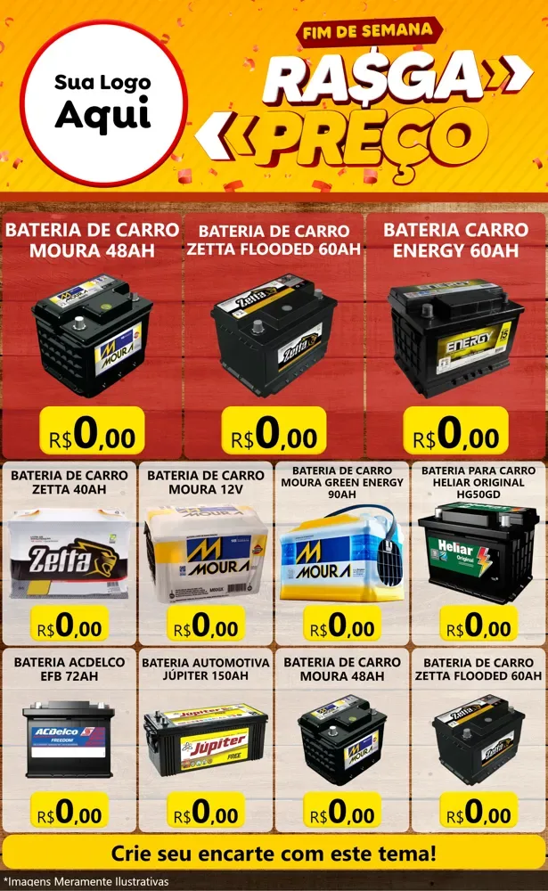 Modelo de Encarte para Encarte Grande com o tema Fim de Semana Rasga Preços para Baterias Elétricas