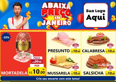 Modelo de Encarte para Encarte A4 Horizontal com o tema Abaixa Preço em Janeiro para Frios e Laticínios