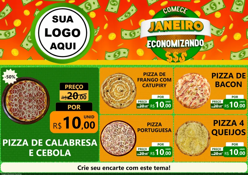 Modelo de Encarte para Encarte A4 Horizontal com o tema Comece Janeiro Economizando para Pizzaria
