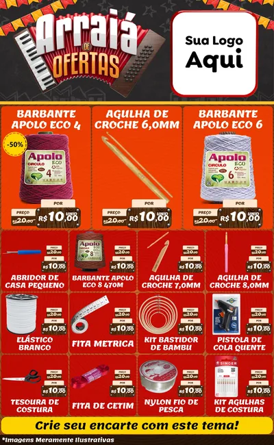 Modelo de Encarte para Encarte Grande com o tema Arraiá de Ofertas - Junina para Armarinho e Aviamentos