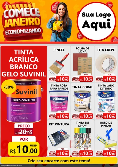 Modelo de Encarte para Encarte A4 Vertical com o tema Comece Janeiro Economizando para Tintas e Ferramentas