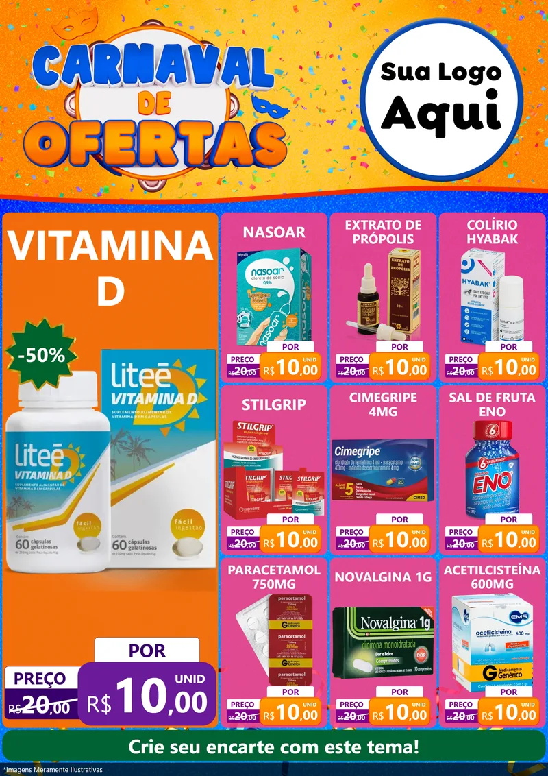Modelo de Encarte para Encarte A4 Vertical com o tema Carnaval de Ofertas para Farmácia