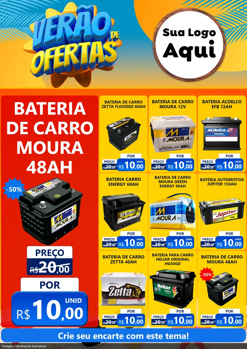 Modelo de Encarte para Encarte A4 Vertical com o tema Verão de Ofertas para Baterias Elétricas