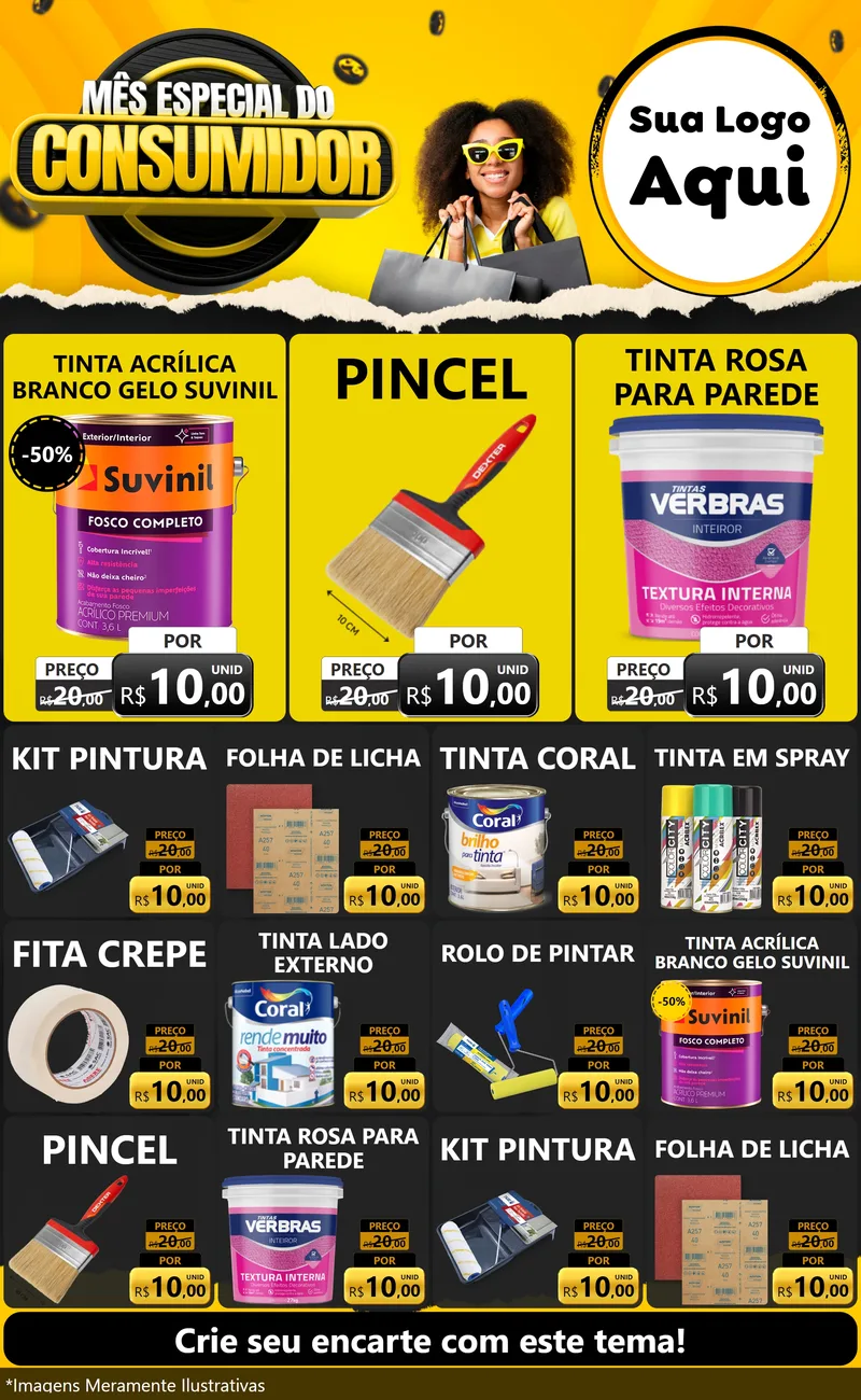 Modelo de Encarte para Encarte Grande com o tema Mês Especial do Consumidor para Tintas e Ferramentas