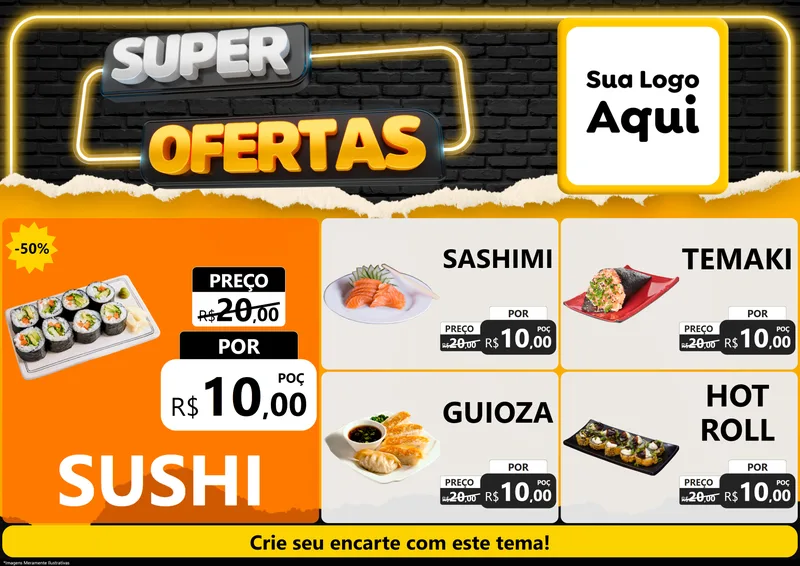 Modelo de Encarte para Encarte A4 Horizontal com o tema Super Ofertas para Comida japonesa
