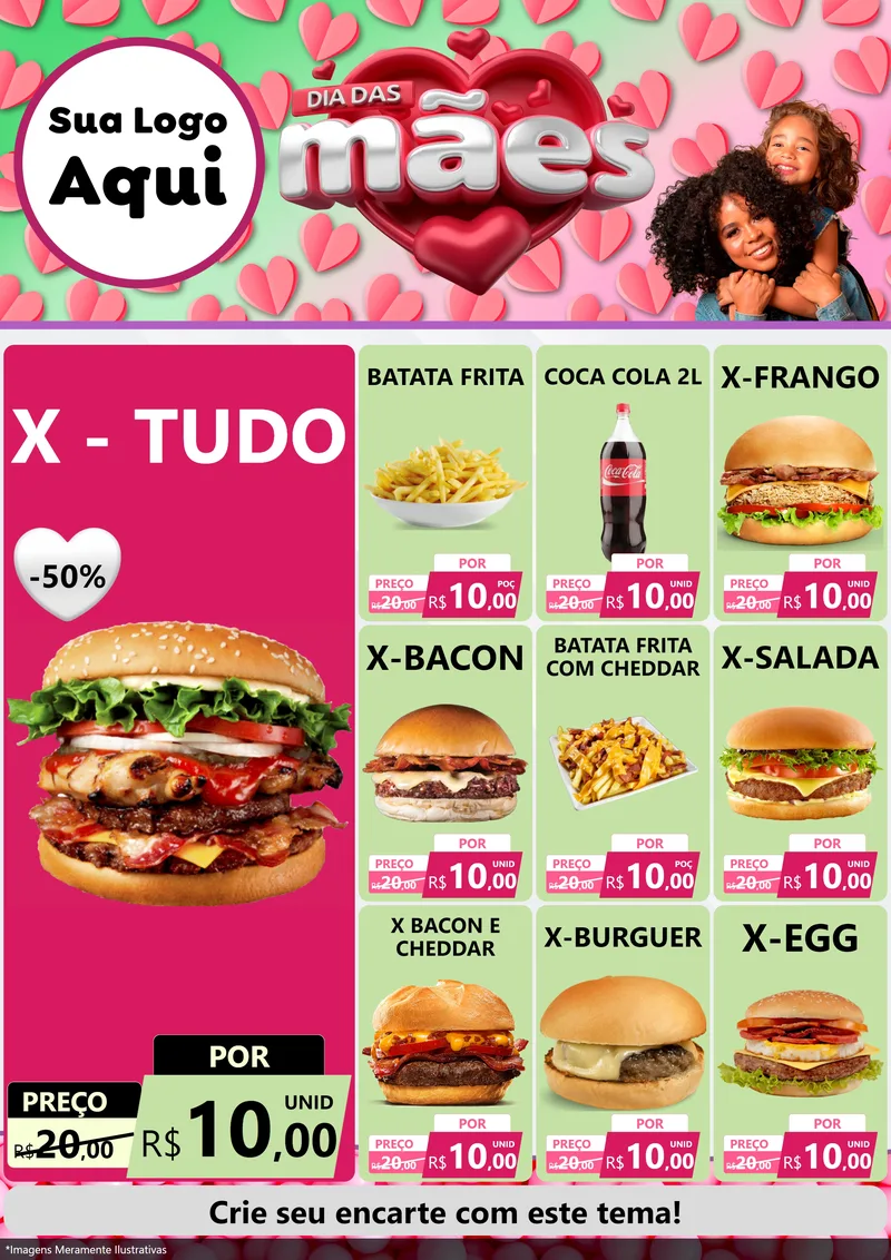 Modelo de Encarte para Encarte A4 Vertical com o tema Dia das Mães para Hamburgueria