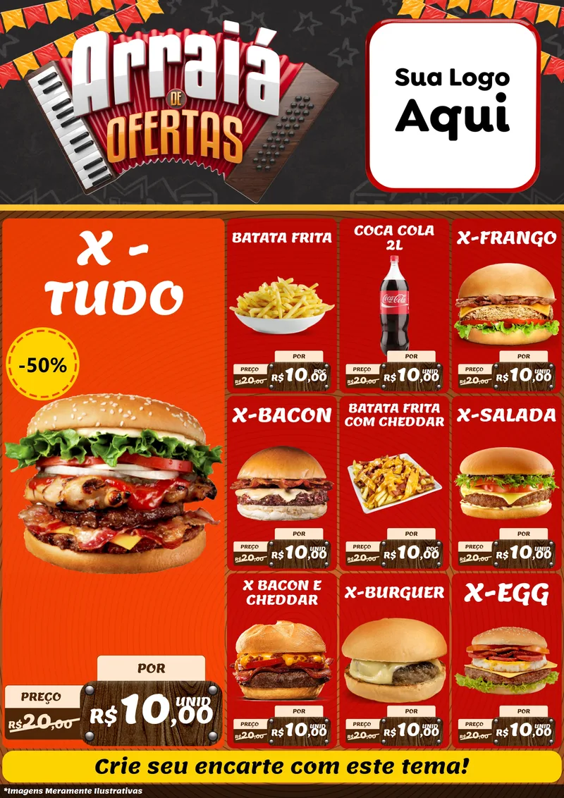 Modelo de Encarte para Encarte A4 Vertical com o tema Arraiá de Ofertas - Junina para Hamburgueria