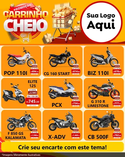 Modelo de Rede Social para Feed Instagram com o tema Promoção carrinho cheio para Concessionaria de Motos