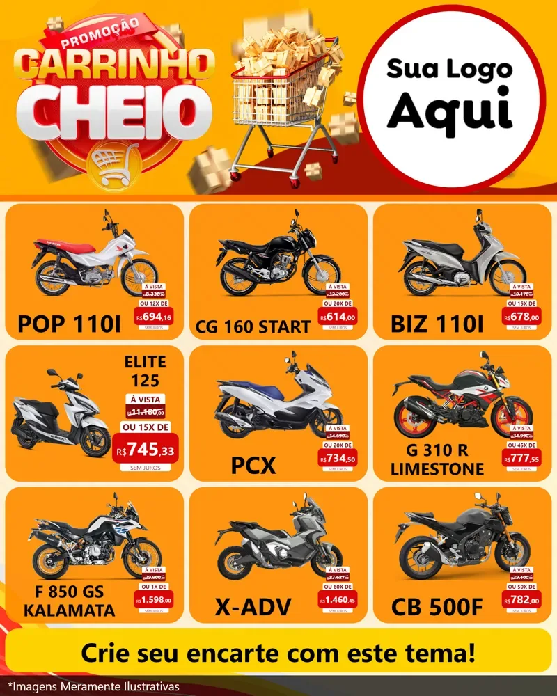 Modelo de Rede Social para Feed Instagram com o tema Promoção carrinho cheio para Concessionaria de Motos