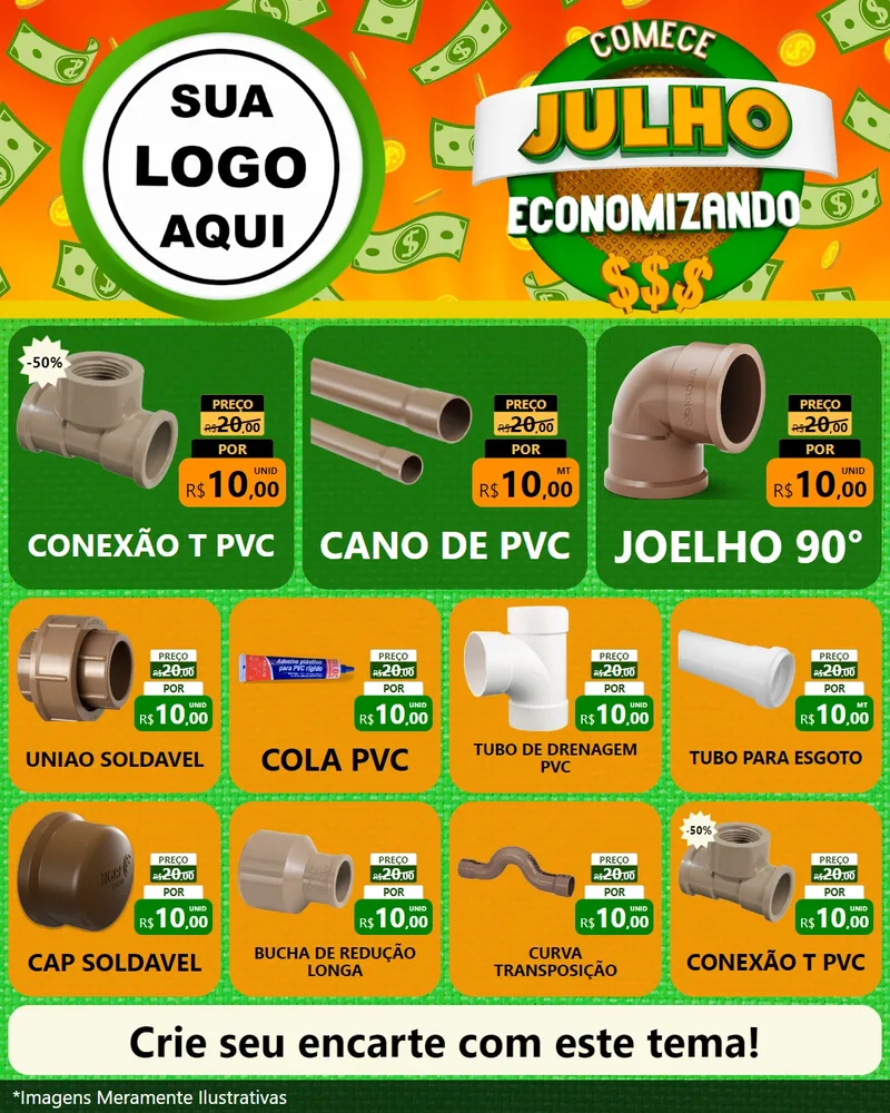 Modelo de Rede Social para Feed Instagram com o tema Comece Julho Economizando para Tubos e conexões
