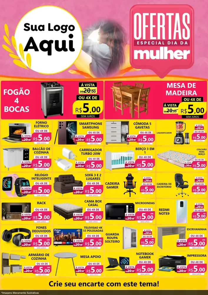 Modelo de Encarte para Encarte A4 Vertical com o tema Ofertas - Especial Dia Das Mulheres para Móveis e Eletro