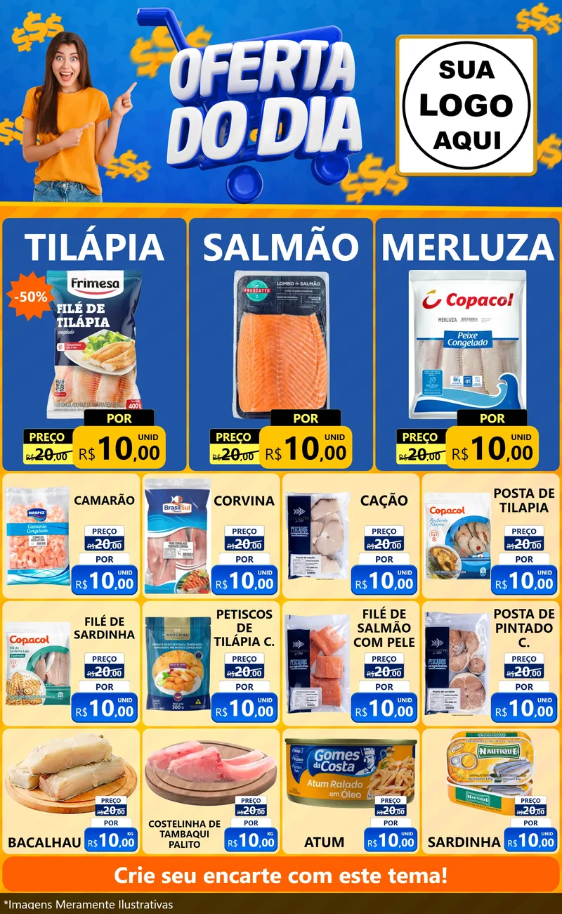 Modelo de Encarte para Encarte Grande com o tema Oferta do Dia para Peixaria